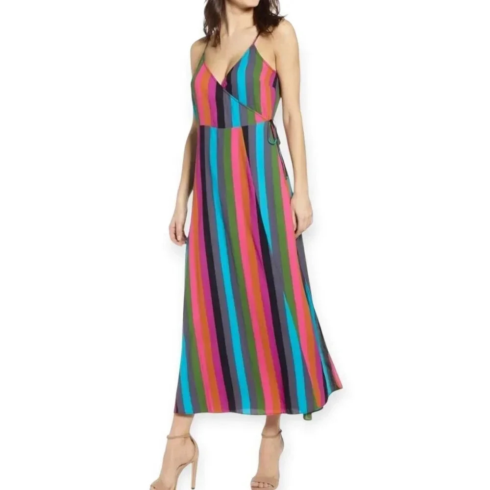 Leith Striped Long Full Length Maxi  Wrap Sleeveless Women's Colorful Dress | XS